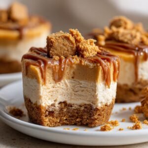 Gros plan d'un mini cheesecake Biscoff sans cuisson avec une bouchée, garni de miettes de Biscoff et de sauce caramel.
