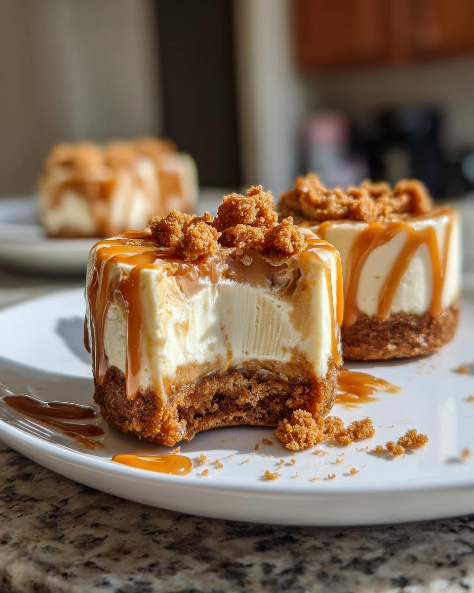 Gros plan sur un mini cheesecake Biscoff sans cuisson, garni de miettes de Biscoff et de sauce caramel.