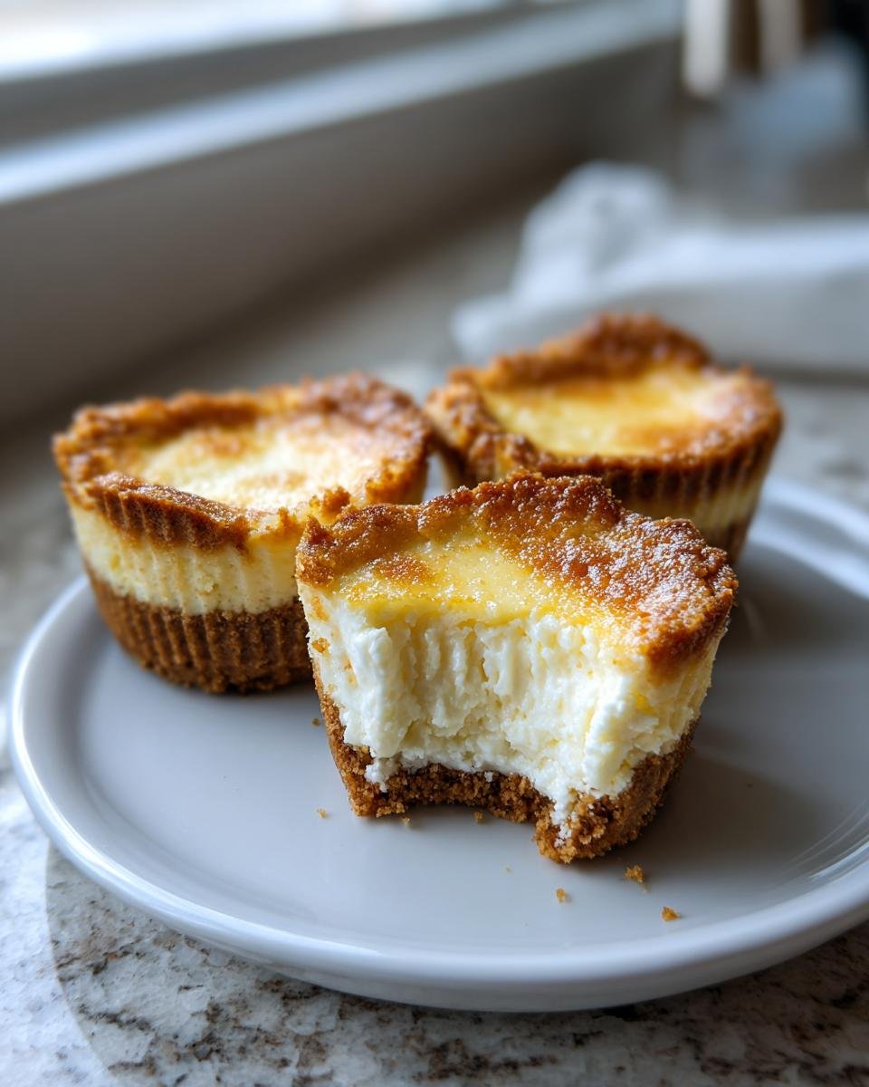 Gros plan sur des mini cheesecakes au citron, dont un avec une bouchée retirée, sur une assiette.
