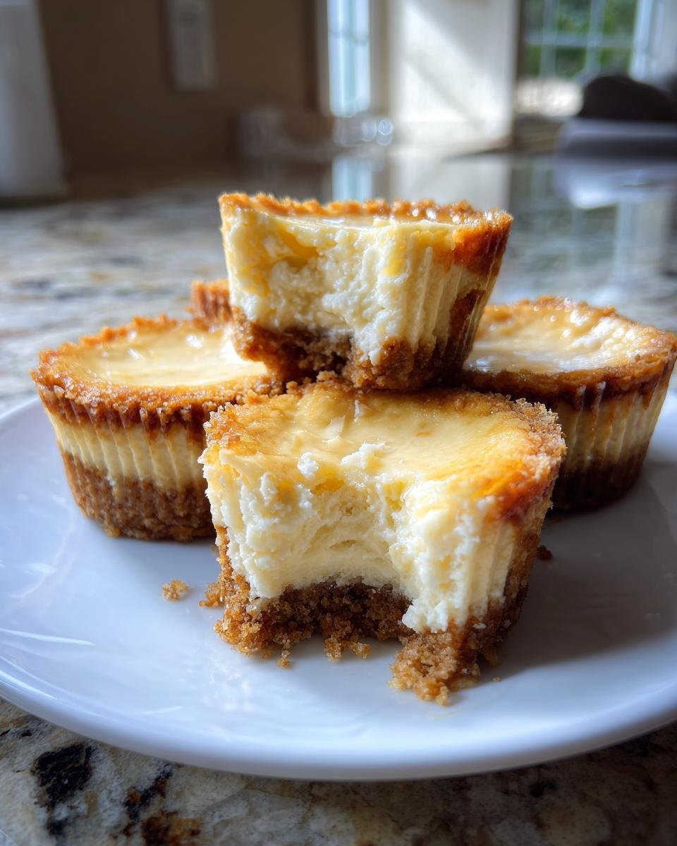 Gros plan sur des mini cheesecakes au citron avec une bouchée enlevée, montrant la croûte et la garniture crémeuse.