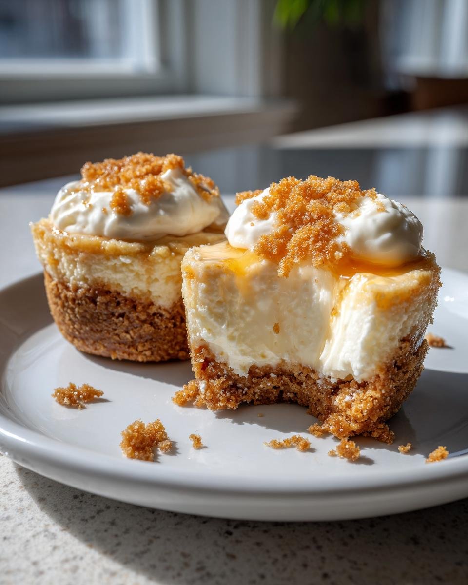 Deux mini cheesecakes au citron sur une assiette, garnis de crème fouettée et de miettes croustillantes.