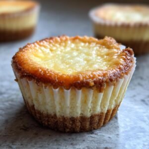 Gros plan sur un mini cheesecake au citron avec une croûte dorée et une garniture crémeuse.