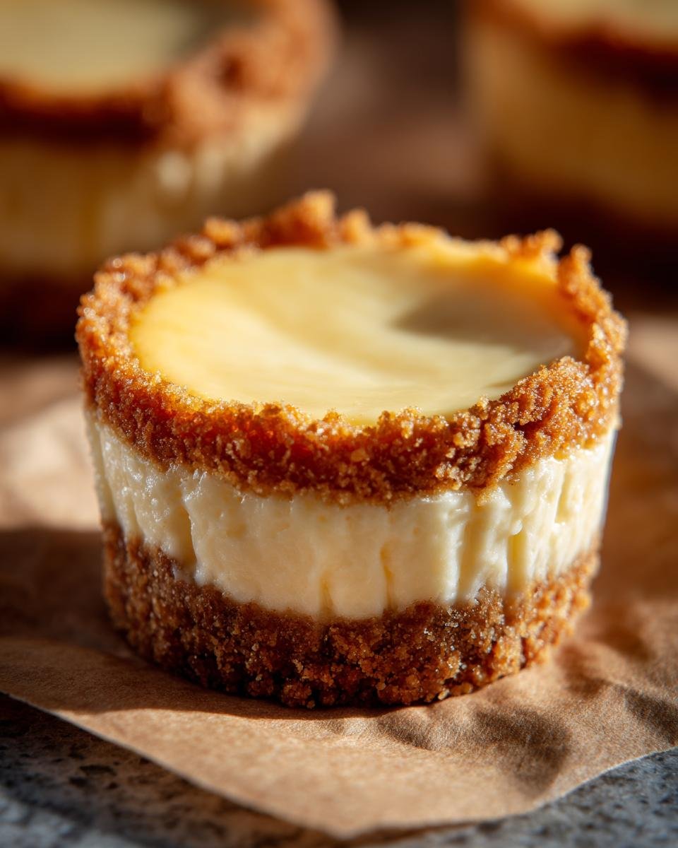 Mini Cheesecakes Citron: Délice 100% Rapide 2 Gros plan d'un mini cheesecake au citron avec une croûte croustillante et une garniture crémeuse.