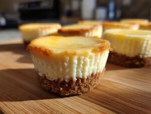 Gros plan sur des mini cheesecakes au citron avec une base biscuitée et une garniture crémeuse.