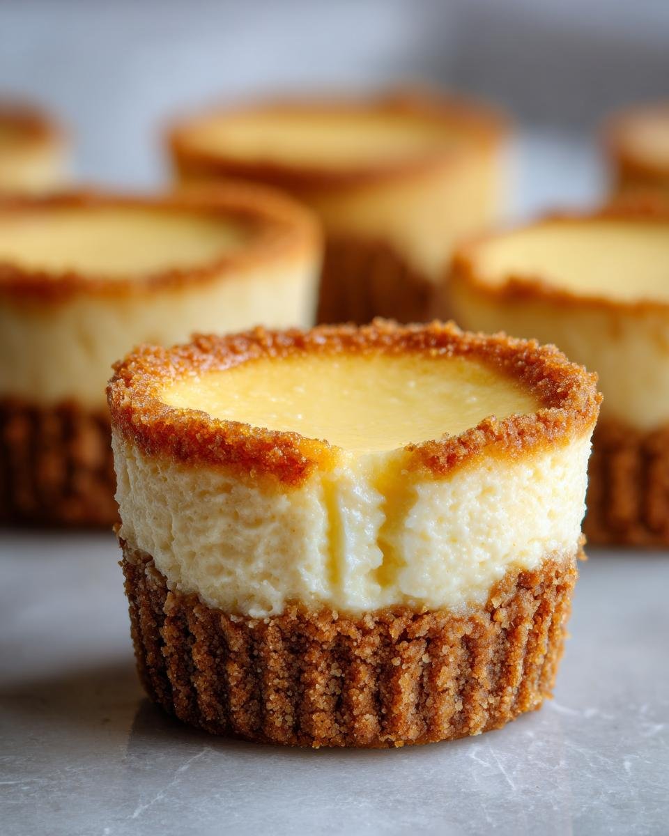 Mini Cheesecakes Citron: Délice 100% Rapide 3 Un mini cheesecake au citron avec une croûte dorée et une garniture crémeuse, plusieurs autres en arrière-plan.