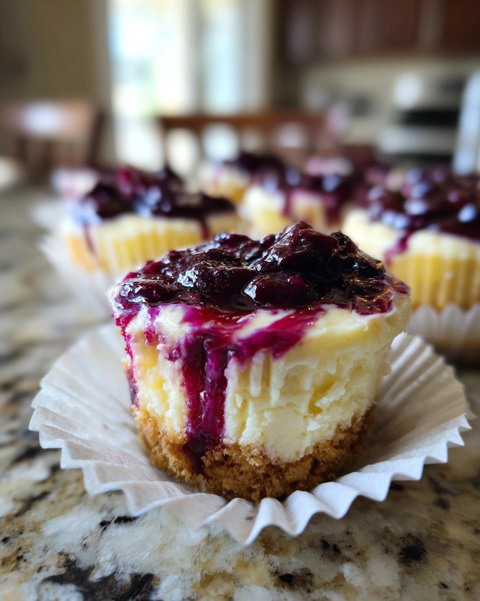 Gros plan d'un mini cheesecake citron myrtille dans une caissette en papier, garni de myrtilles et d'un coulis.