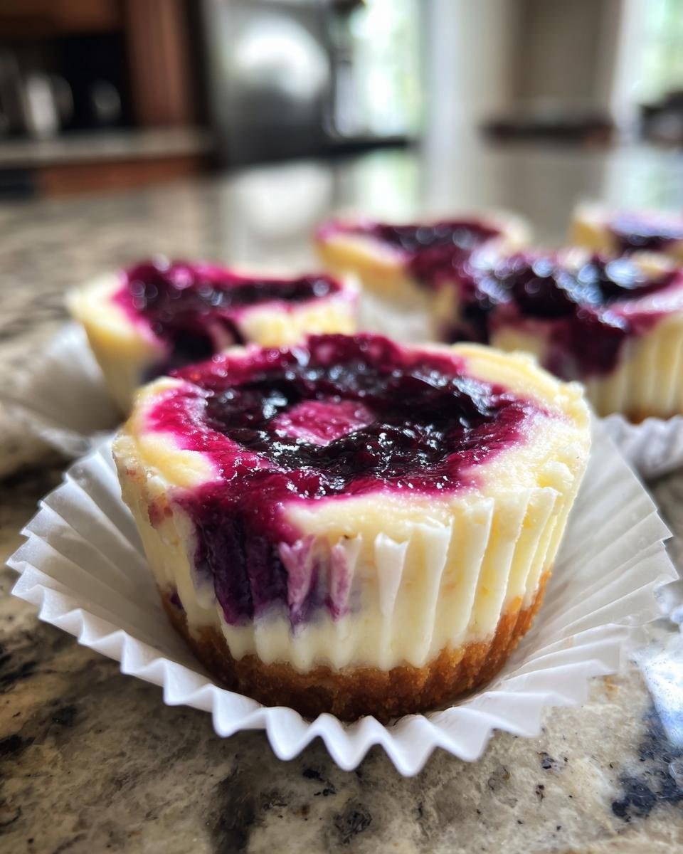 Gros plan sur des mini cheesecakes citron myrtille individuels dans des caissettes en papier, garnis d'une compotée de myrtilles.