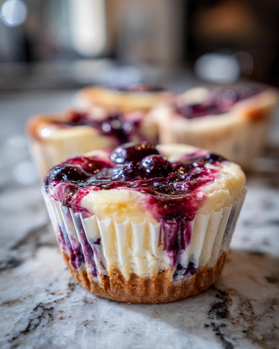 Gros plan sur un mini cheesecake citron myrtille garni de myrtilles fraîches et d'un coulis.