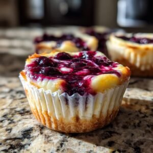 Gros plan sur un mini cheesecake citron myrtille garni de myrtilles fraîches et de coulis.