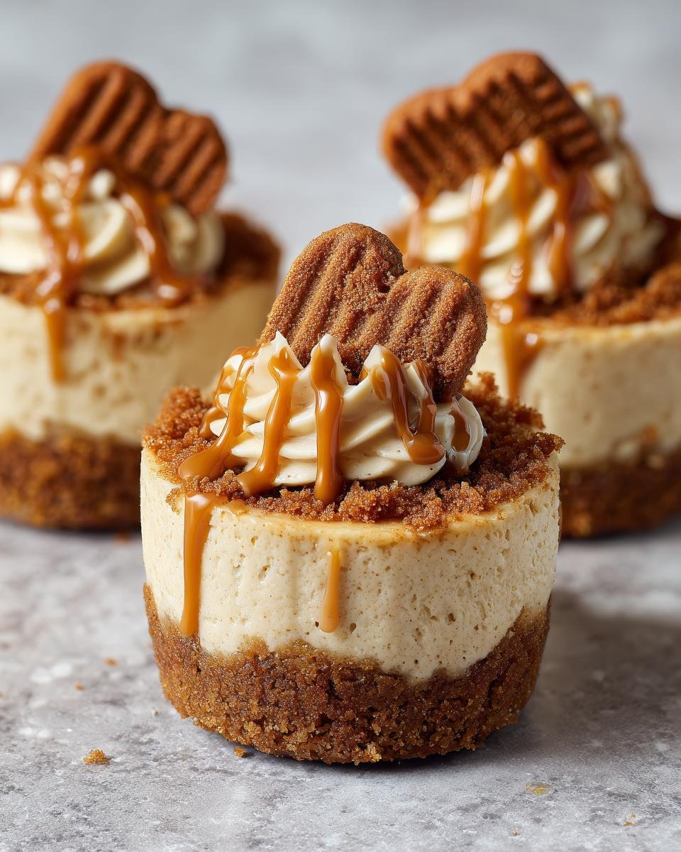 Gros plan sur des mini cheesecakes Lotus Biscoff sans cuisson, garnis de crème, de sauce caramel et de biscuits.