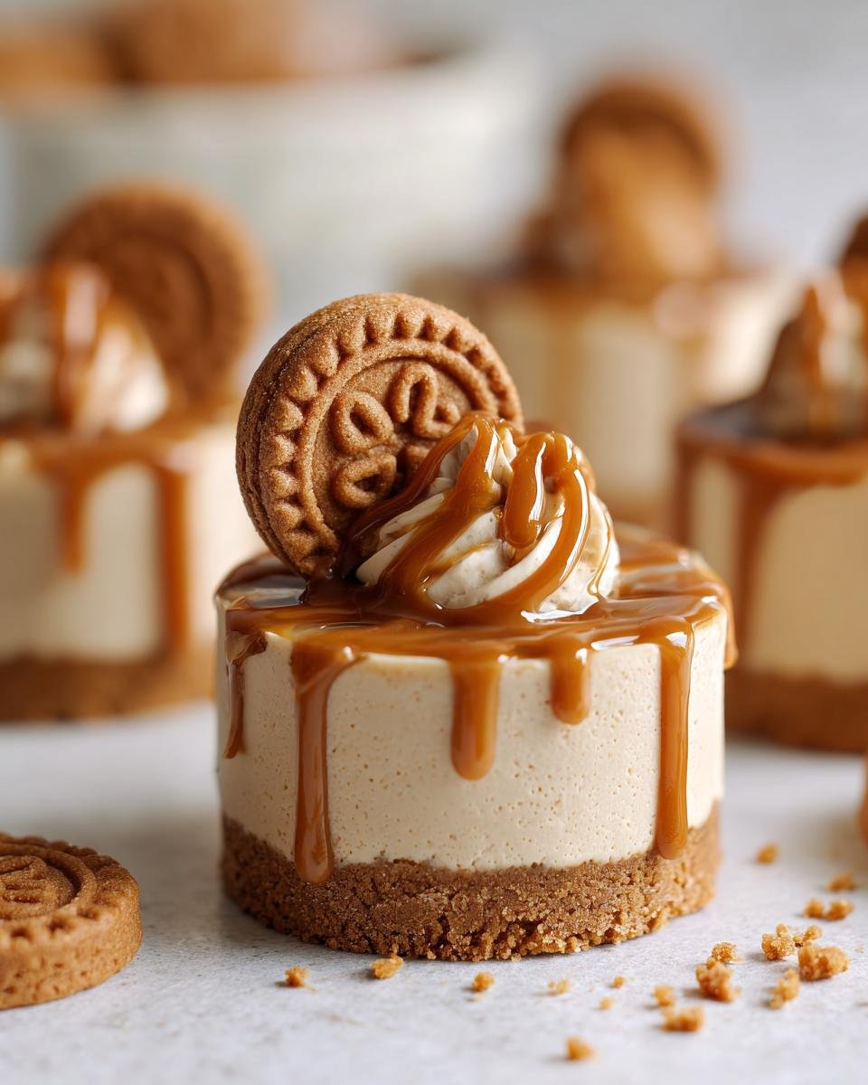 Gros plan d'un mini cheesecake Lotus Biscoff sans cuisson, garni de crème et de sauce caramel, avec un biscuit Lotus sur le dessus.