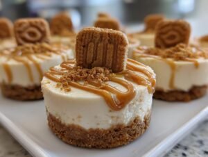 Gros plan sur des mini cheesecakes Lotus Biscoff sans cuisson, garnis d'un biscuit Lotus et de sauce caramel.