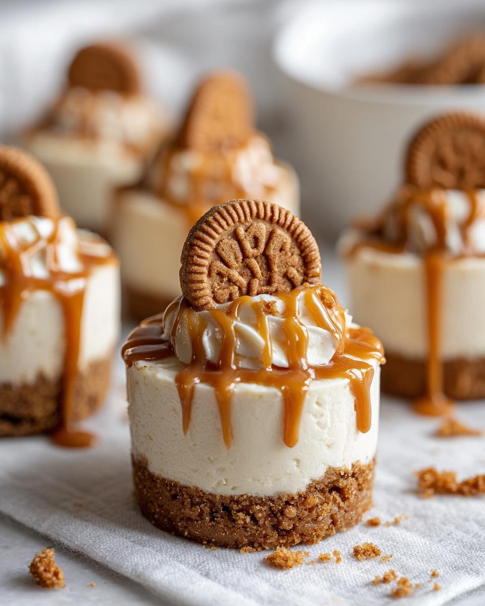Gros plan sur de délicieux mini cheesecakes Lotus Biscoff sans cuisson, garnis de sauce caramel et d'un biscuit.