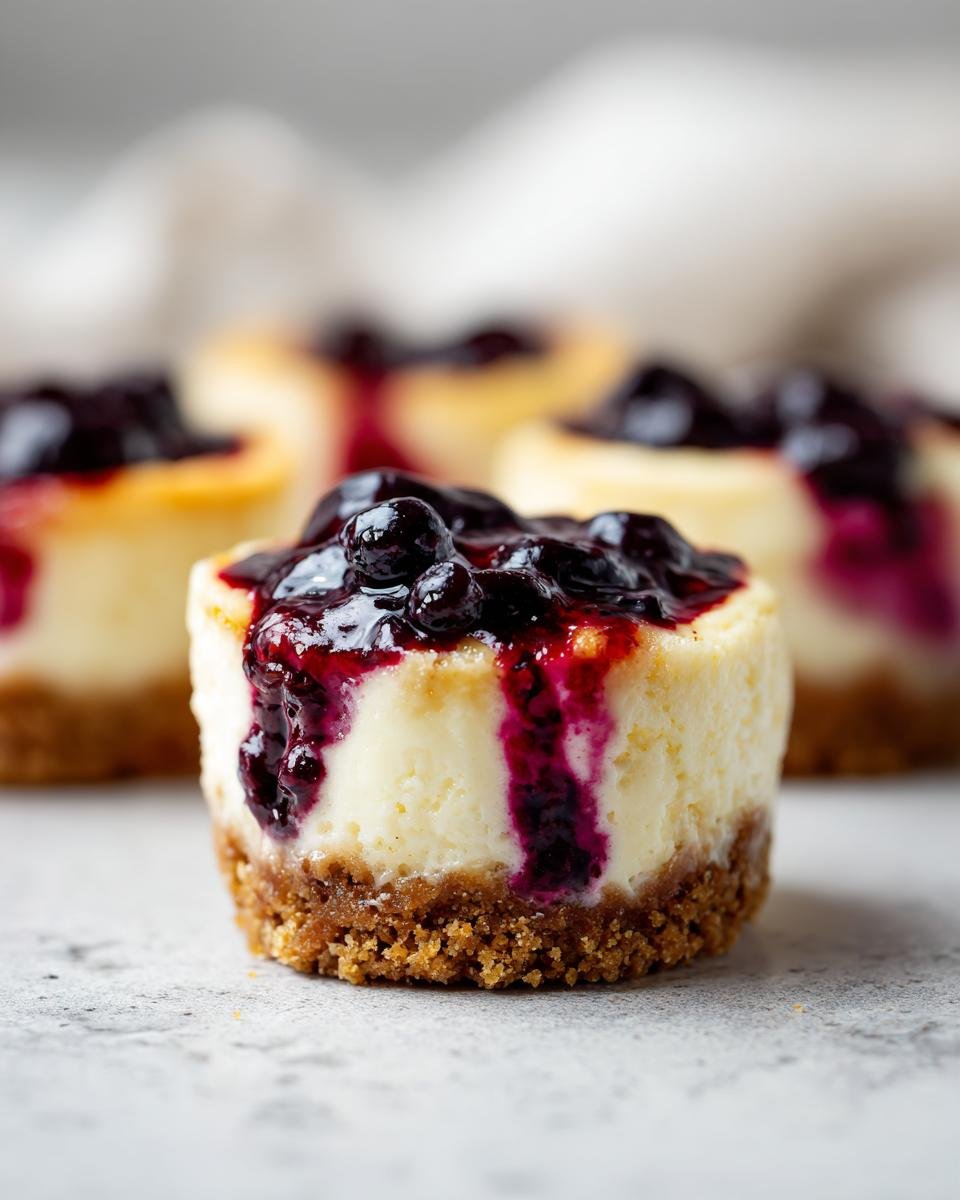 Gros plan sur un mini cheesecake myrtille citron garni de coulis de myrtilles et de myrtilles fraîches.