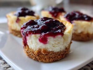 Gros plan sur des mini cheesecakes myrtille citron, garnis d'une compotée de fruits rouges brillante.