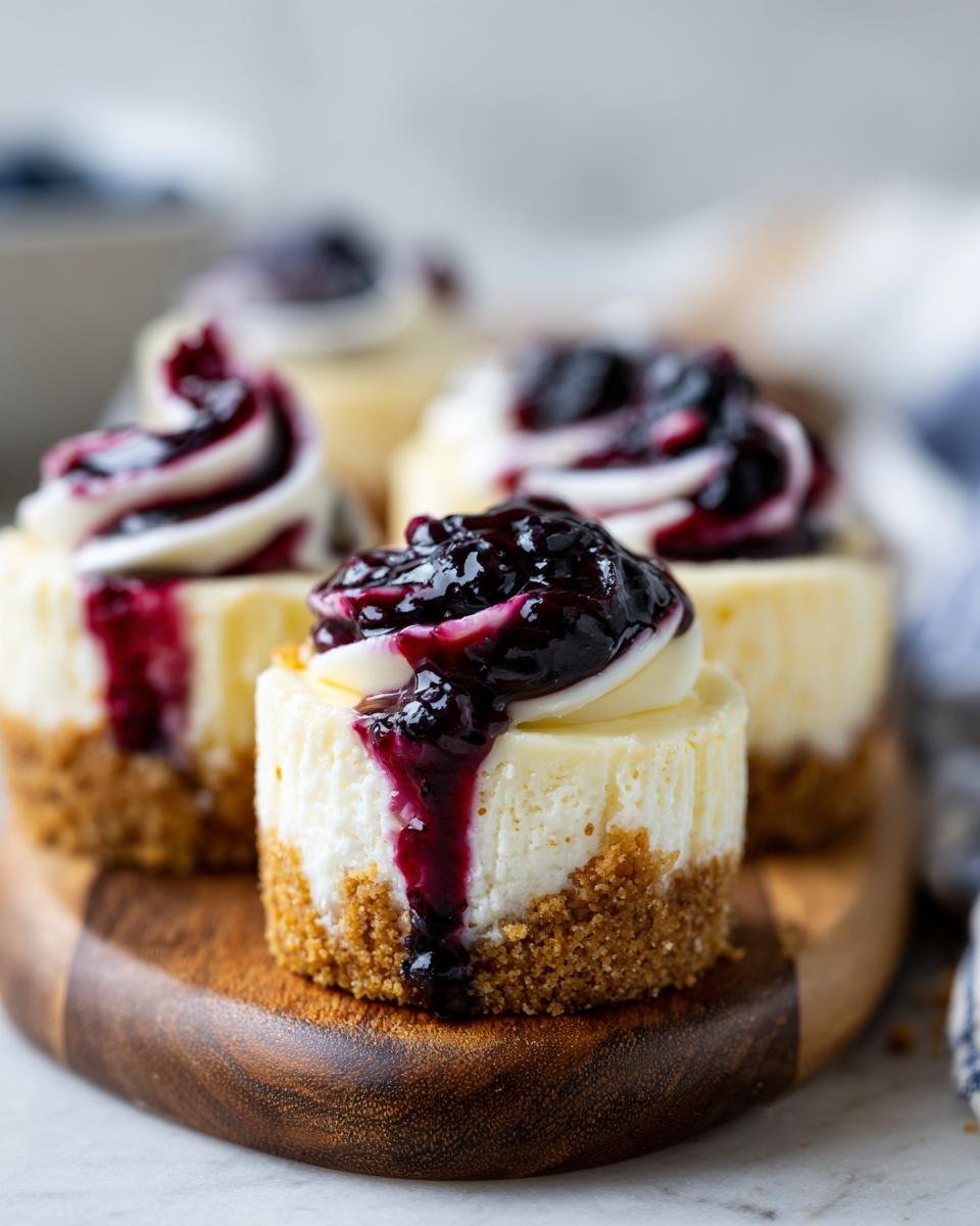 Gros plan de mini cheesecakes myrtille citron garnis de crème et de coulis de myrtilles sur une planche en bois.