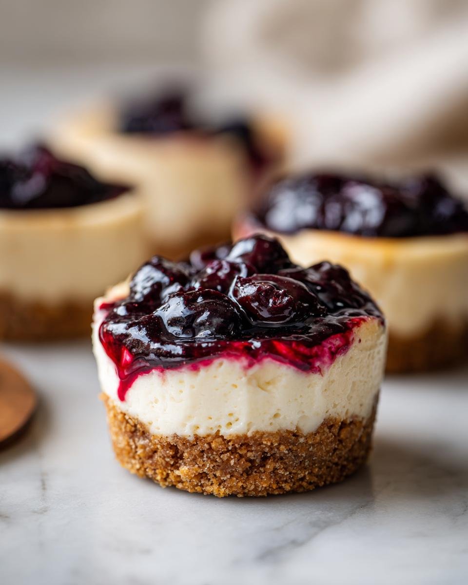 Gros plan sur un mini cheesecake myrtille citron, garni de myrtilles et d'un coulis rouge.