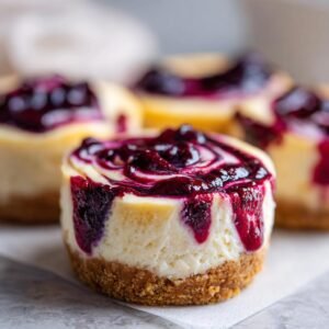 Gros plan sur un mini cheesecake myrtille citron avec un tourbillon de coulis de myrtilles.
