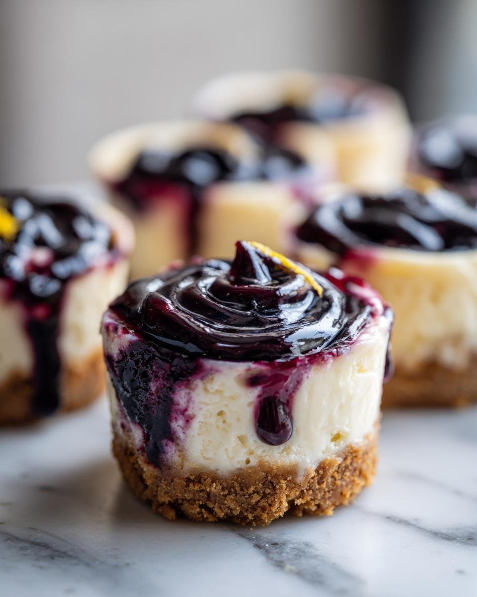 Gros plan de Mini Cheesecakes Myrtilles Citron avec un coulis de myrtilles et un zeste de citron.