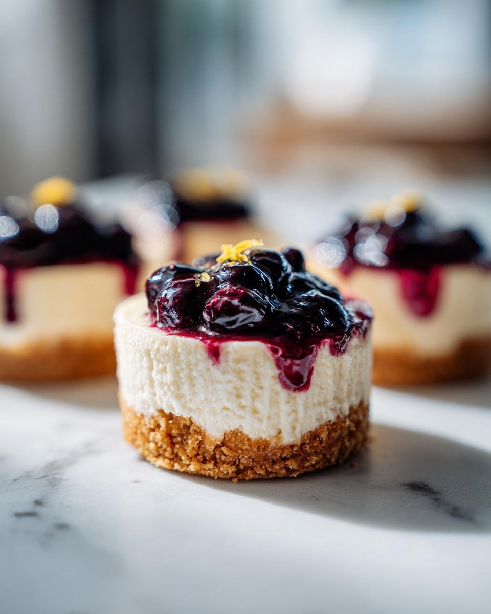 Gros plan sur un mini cheesecake aux myrtilles et citron, garni de coulis de myrtilles et zeste de citron.