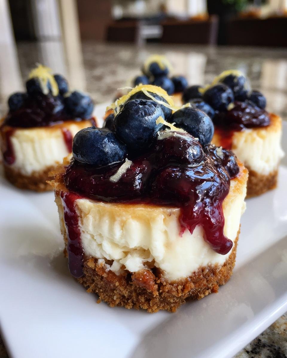 Gros plan de mini cheesecakes aux myrtilles et citron, garnis de myrtilles fraîches et de zeste de citron.