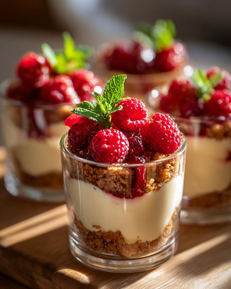 Gros plan de mini desserts en verres individuels garnis de framboises fraîches, de crème onctueuse et d'une base croustillante.