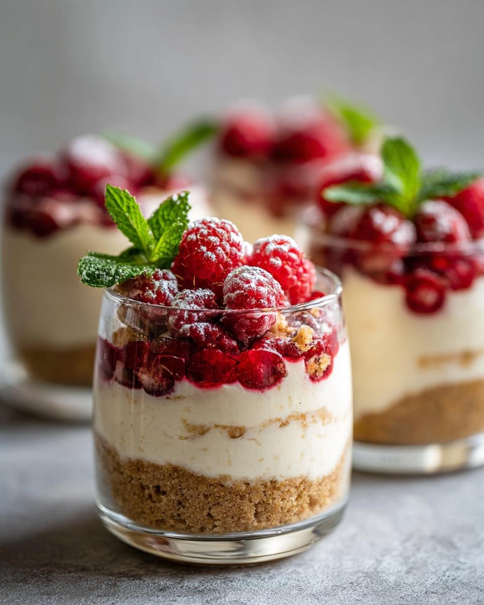 Gros plan sur des mini desserts en verres individuels aux framboises, couches de biscuits, crème et fruits frais.