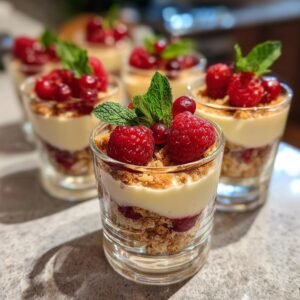 Gros plan sur des mini desserts en verres individuels avec couches de crumble, crème et fruits rouges frais, garniture menthe.