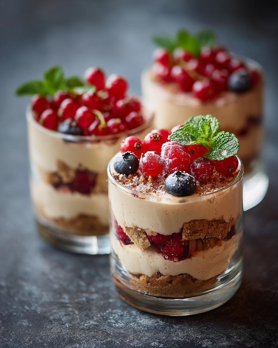 Gros plan sur des mini desserts en verres individuels garnis de fruits rouges frais et de menthe.
