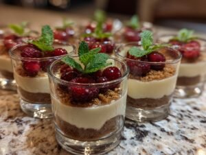 Gros plan sur des mini desserts en verres individuels garnis de fruits rouges frais et de menthe.