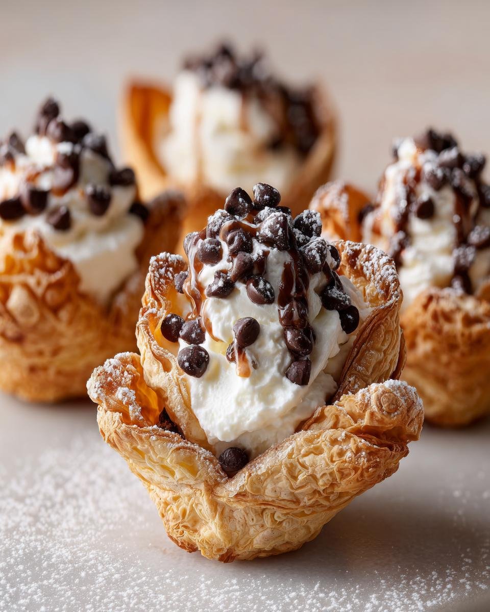 Mini Verrines Cannoli : succès garanti en 20 min 2 Gros plan sur des mini verrines cannoli crémeuses garnies de pépites de chocolat et de sauce au caramel.