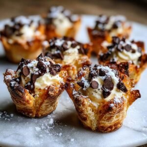 Gros plan sur des mini verrines cannoli garnies de crème et de pépites de chocolat, saupoudrées de sucre glace.