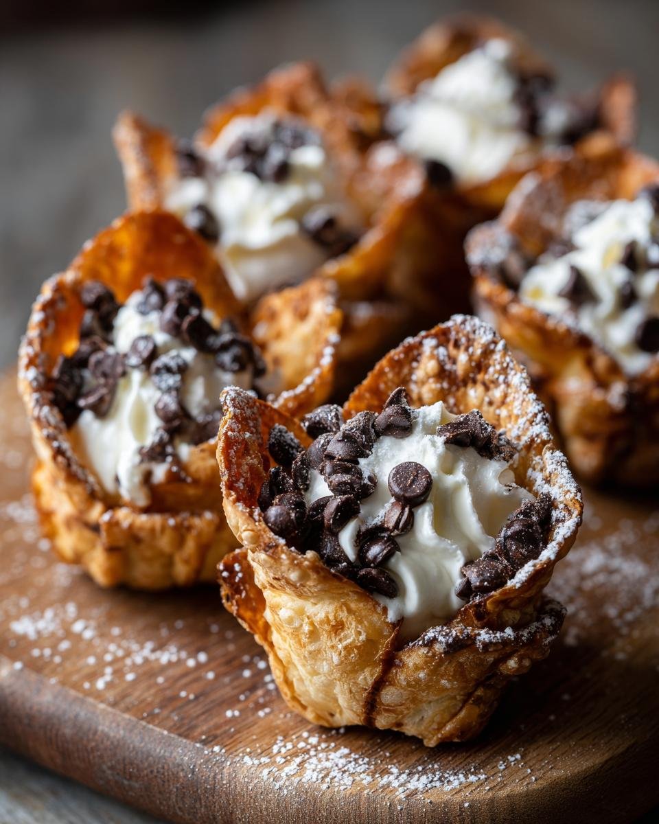 Mini Verrines Cannoli : succès garanti en 20 min 1 Gros plan sur des mini verrines cannoli garnies de crème fouettée et de pépites de chocolat.