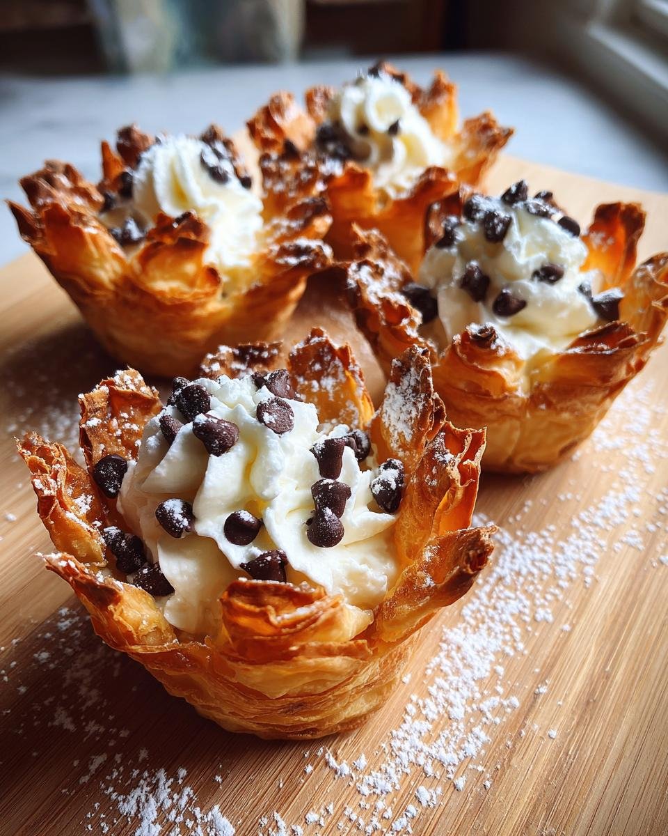 Mini Verrines Cannoli : succès garanti en 20 min 3 Gros plan sur des mini verrines cannoli garnies de crème fouettée et de pépites de chocolat.