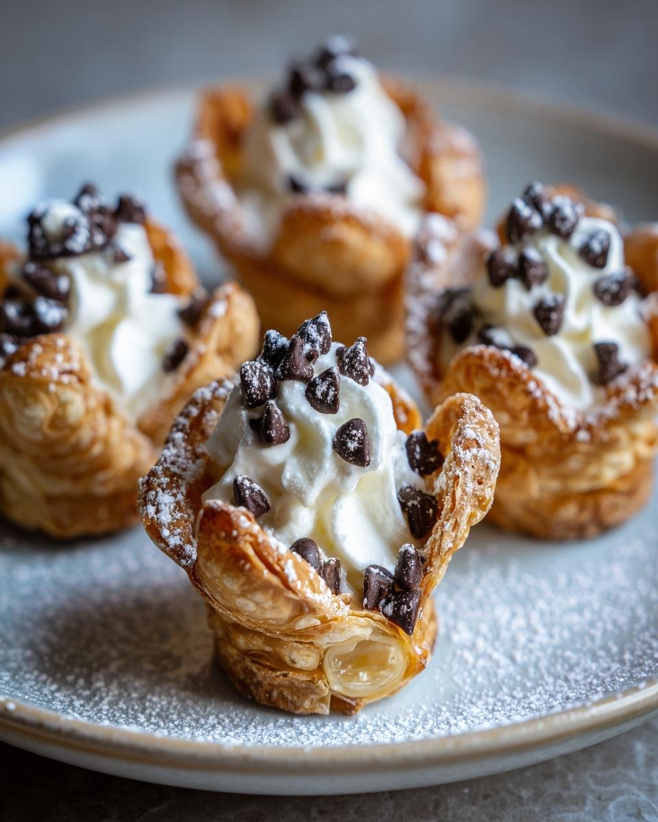 Mini Verrines Cannoli : succès garanti en 20 min 4 Gros plan sur des mini verrines cannoli garnies de crème fouettée et pépites de chocolat.