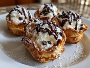 Gros plan de mini verrines cannoli garnies de crème fouettée, pépites de chocolat et sauce au chocolat.