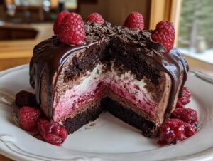 Gros plan d'une part de mousse au chocolat et framboises, décorée de fruits rouges frais et de copeaux de chocolat.