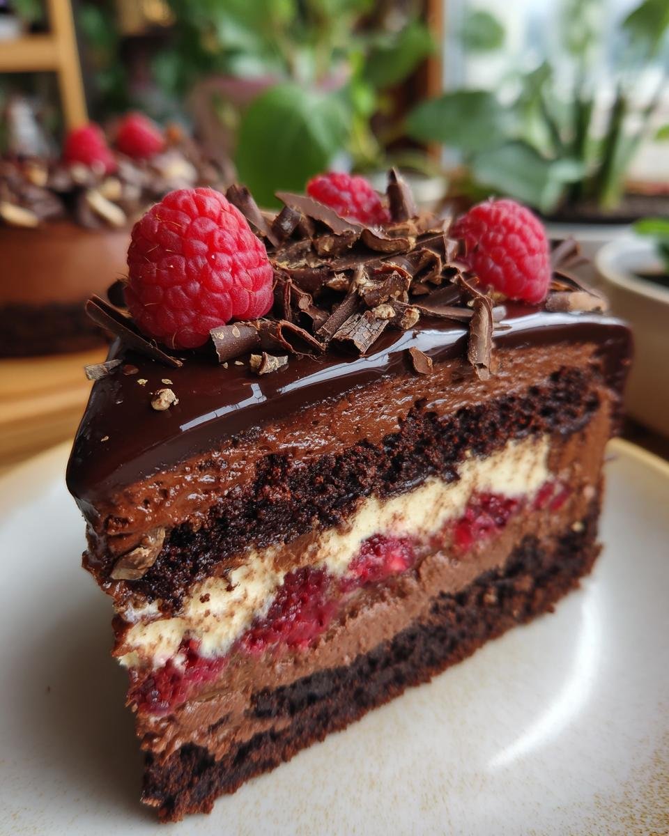 Mousse au Chocolat et Framboises : 1 recette divine 3 Gros plan d'une tranche de mousse au chocolat et framboises, garnie de framboises fraîches et copeaux de chocolat.