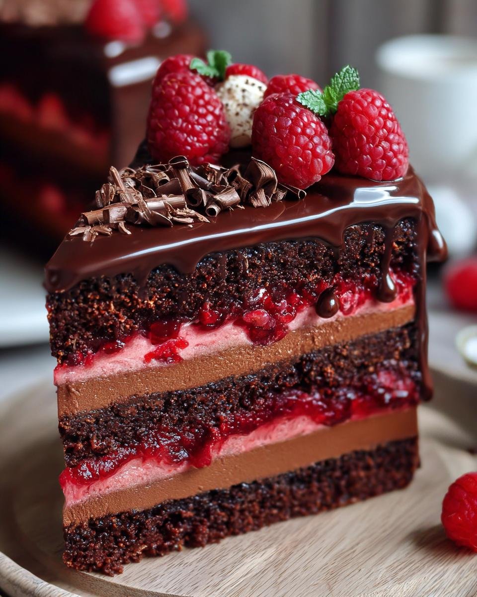 Mousse au Chocolat et Framboises : 1 recette divine 1 Gros plan d'une tranche de gâteau Mousse au Chocolat et Framboises, garnie de framboises fraîches et de copeaux de chocolat.