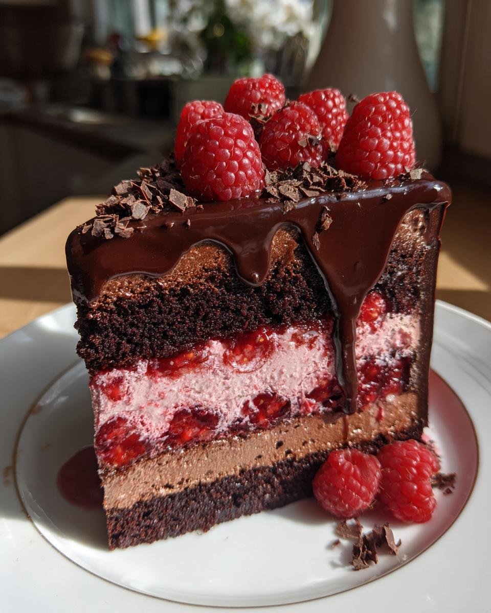 Mousse au Chocolat et Framboises : 1 recette divine 2 Gros plan d'une part de gâteau Mousse au Chocolat et Framboises, décorée de framboises fraîches et de copeaux de chocolat.