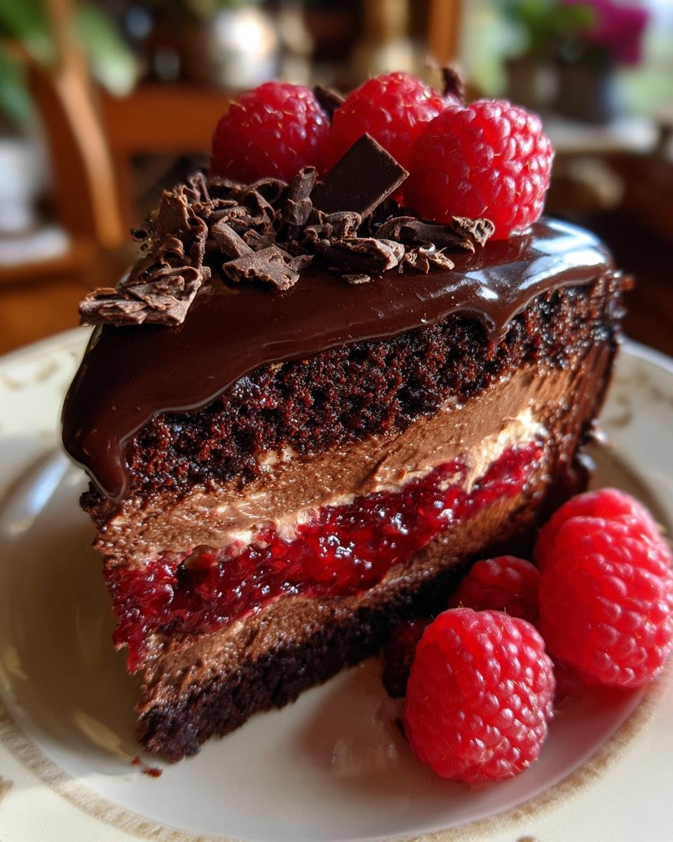 Mousse au Chocolat et Framboises : 1 recette divine 4 Gros plan d'une part de mousse au chocolat et framboises, garnie de framboises fraîches et copeaux de chocolat.