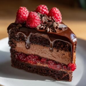 Gros plan d'une tranche de mousse au chocolat et framboises, garnie de framboises fraîches et de copeaux de chocolat.