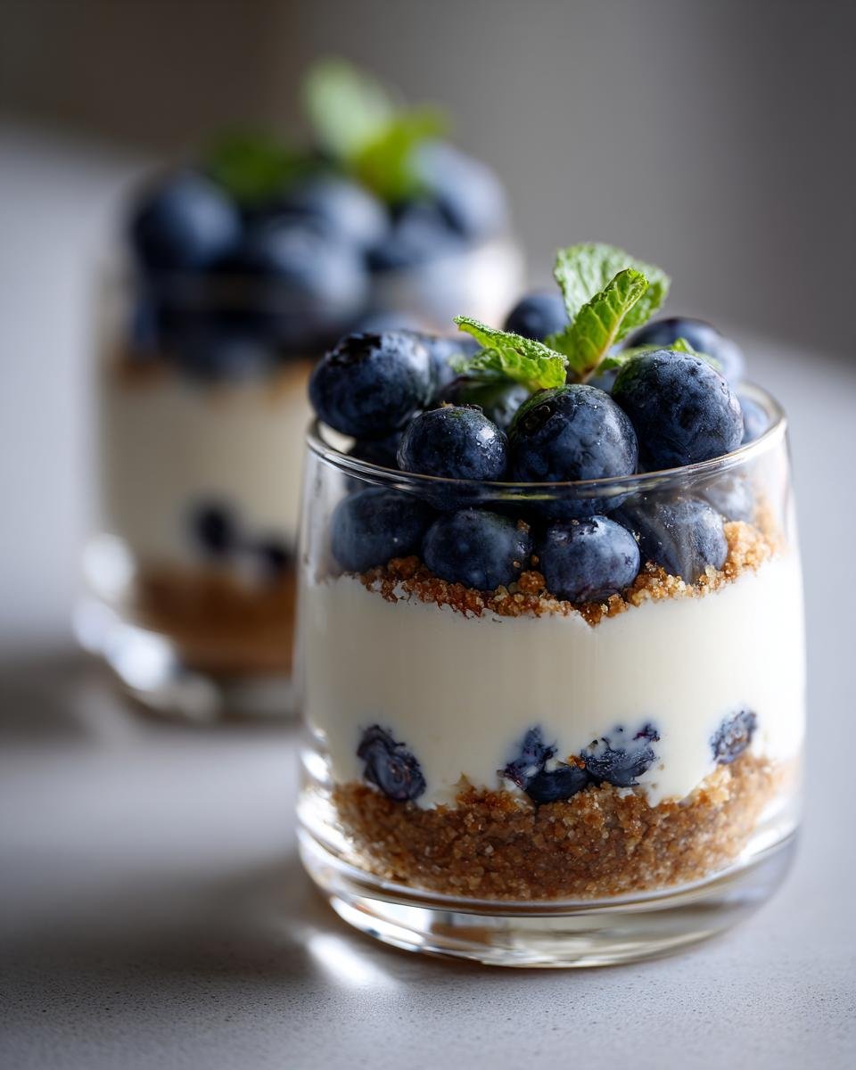 Gros plan d'un verre de No-Bake Cheesecake aux Myrtilles, garni de myrtilles fraîches et de menthe.