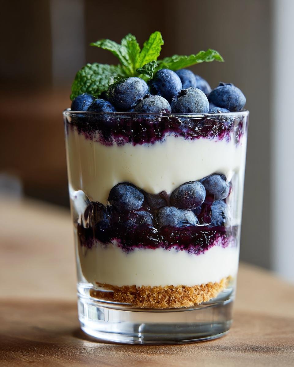 Gros plan d'un No-Bake Cheesecake aux Myrtilles en verre, garni de myrtilles fraîches et de menthe.