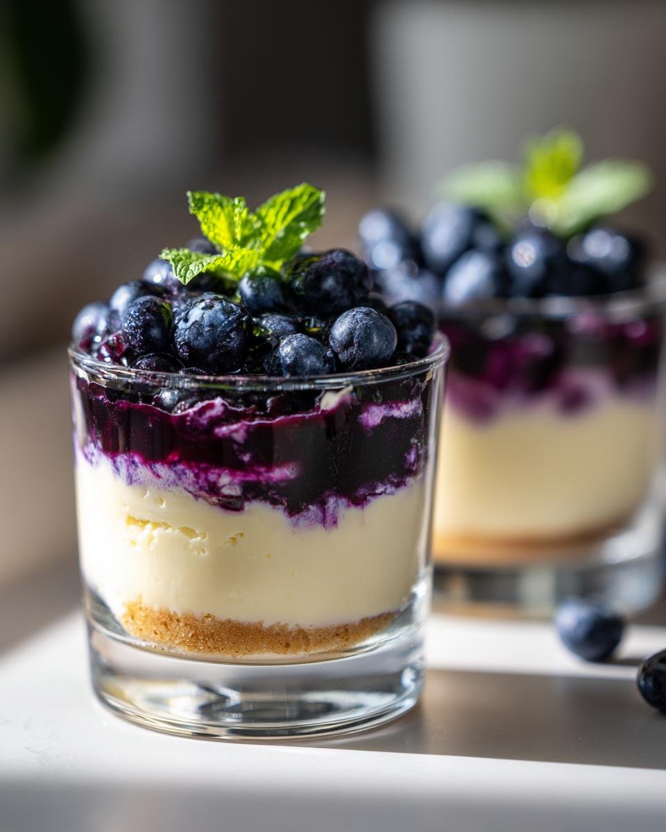 Gros plan sur un No-Bake Cheesecake aux Myrtilles servi dans un verre, garni de myrtilles fraîches et d'une feuille de menthe.