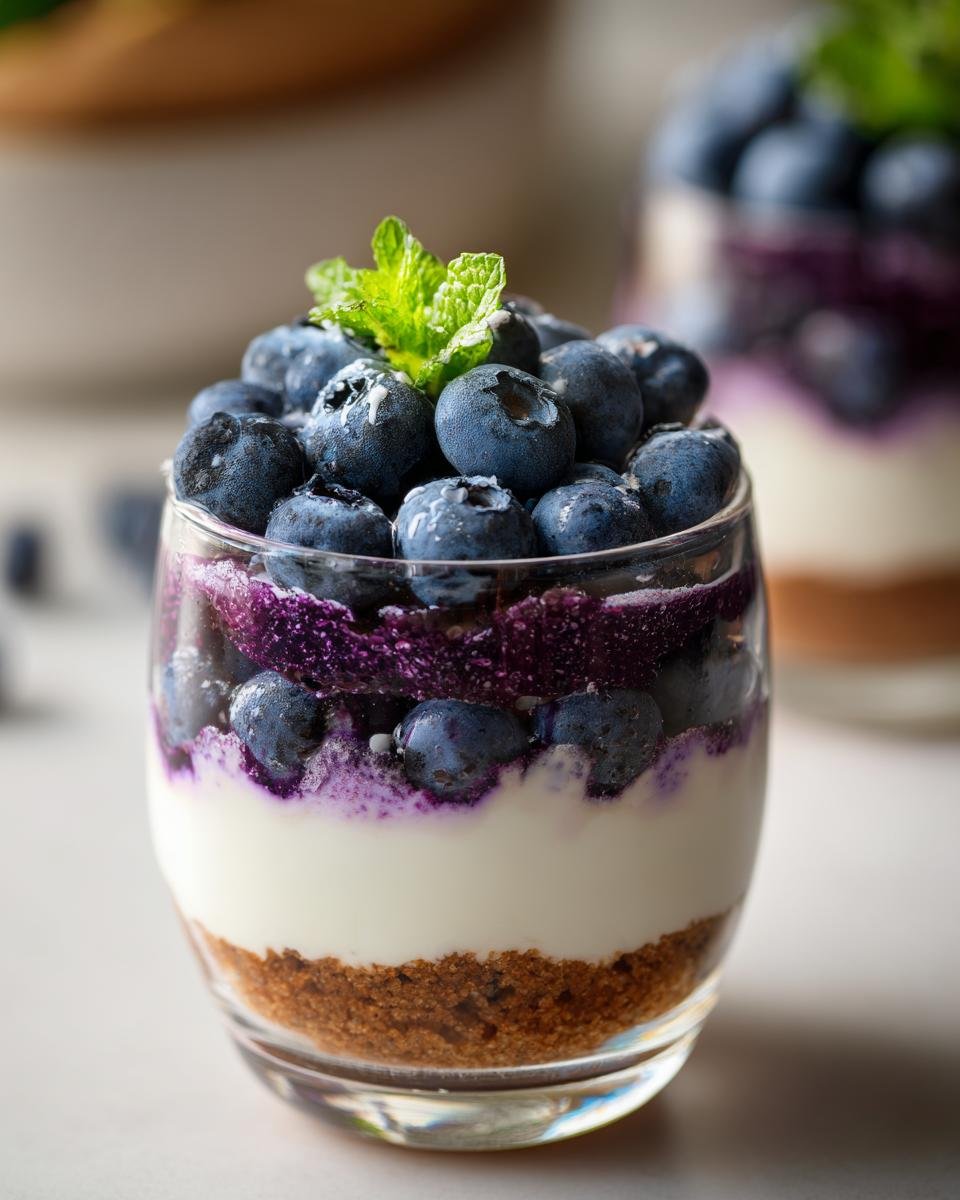 Gros plan d'un No-Bake Cheesecake aux Myrtilles en verrine, garni de myrtilles fraîches et d'une feuille de menthe.