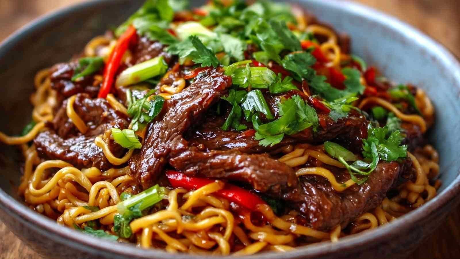 Nouilles collantes au bœuf dans un bol avec légumes colorés