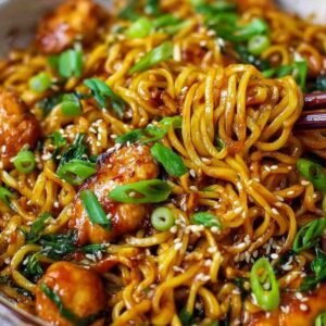 Nouilles au poulet à l'ail caramélisé servies dans un bol avec sauce dorée