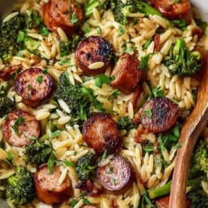 Orzo aux saucisses de poulet et brocolis dans une casserole