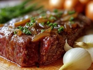 Pain de Viande à l'Oignon Français avec fromage gruyère doré sur planche à découper